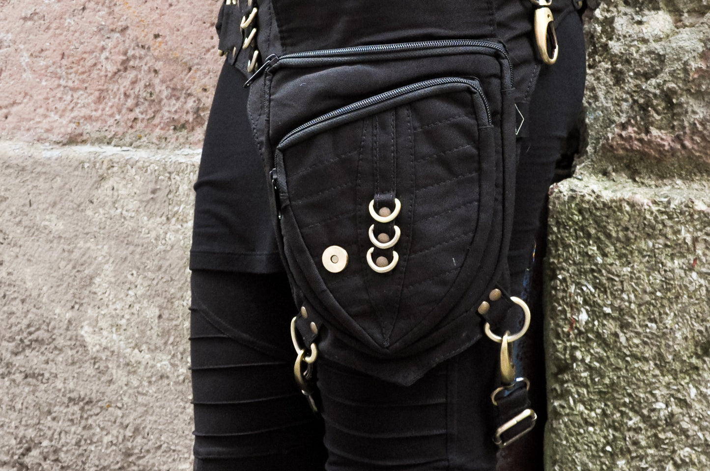 Belt Bag - with Leg Buckle and Brass Decoration - black