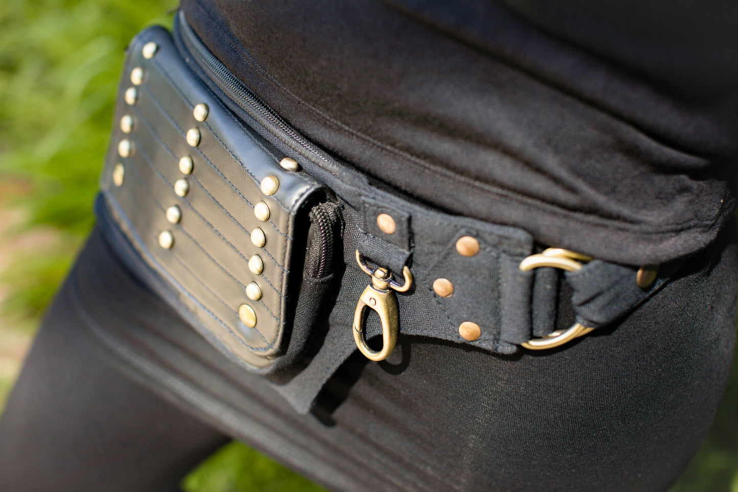 Belt Bag - with Artificial Leather and Brass Decoration - black