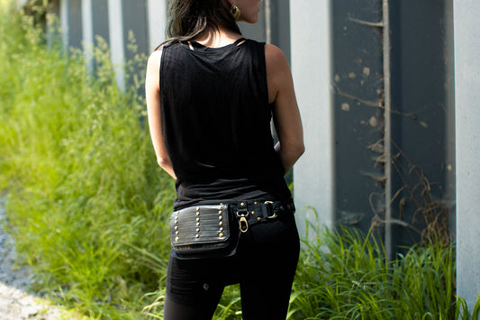 Belt Bag - with Artificial Leather and Brass Decoration - black