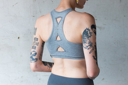 Racerback Bra Top, Sports Bra, Bustier, Yoga Top - with Rivets and Cut-Out Triangles - gray