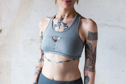 Racerback Bra Top, Sports Bra, Bustier, Yoga Top - with Rivets and Cut-Out Triangles - gray