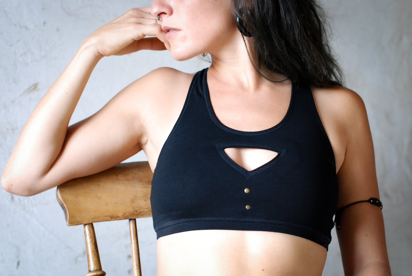 Racerback Bra Top, Sports Bra, Bustier, Yoga Top - with Rivets and Cut-Out Triangles - black