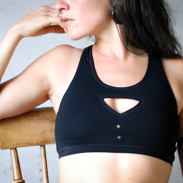 Racerback Bra Top, Sports Bra, Bustier, Yoga Top - with Rivets and Cut-Out Triangles - black