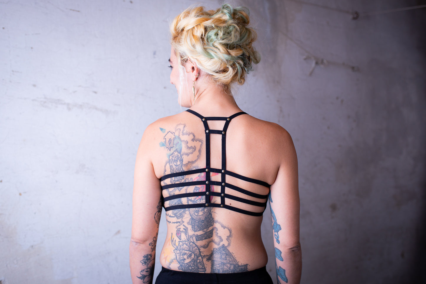 Black String Bra - with Rivets - Bra Top, Bralette, Bustier, Sports Bra, Yoga Top - black