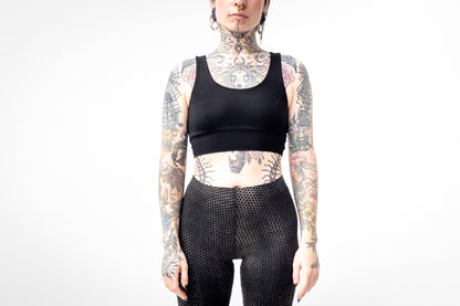 Yoga Bra schwarz ungepolstert Frontansicht, elastisches Bra Top