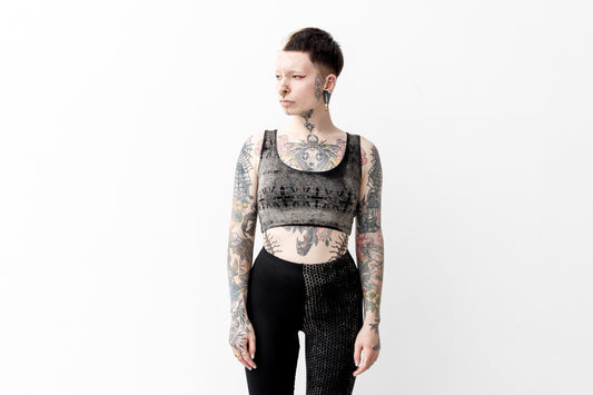 Crop Top - Kurztop - mit abstrakt-filigranem Batikmuster - Batik, Siebdruck - schwarz-beige-grau