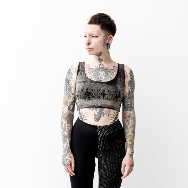 Crop Top - Kurztop - mit abstrakt-filigranem Batikmuster - Batik, Siebdruck - schwarz-beige-grau