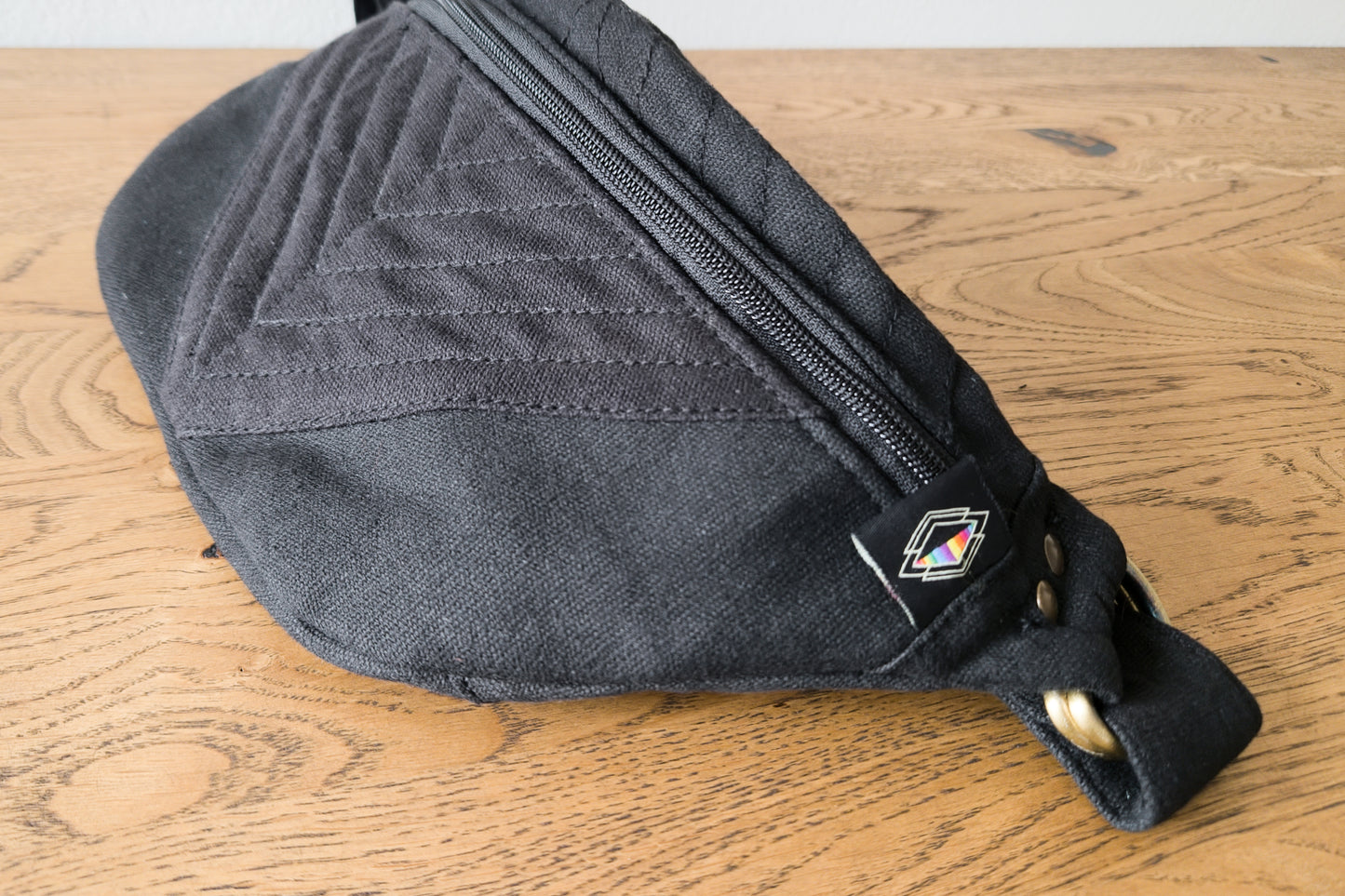 Detailansicht von Crossbody-Tasche aus Baumwolle mit Nahtstruktur.