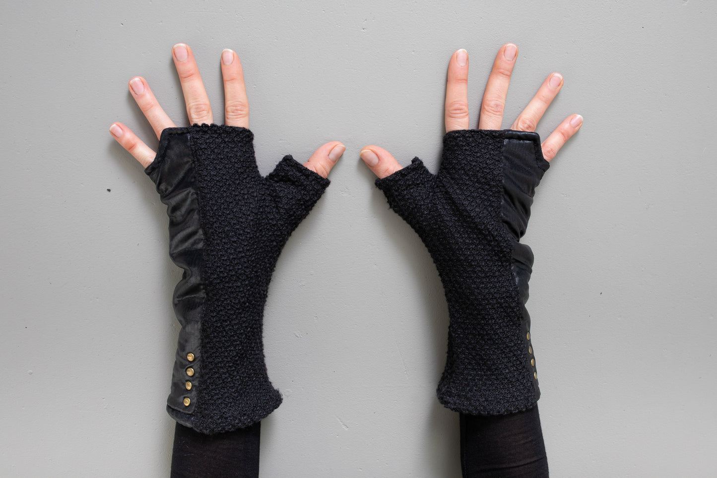 Wrist warmers - with shiny fabric and rivets - psy trance, cyberpunk - black