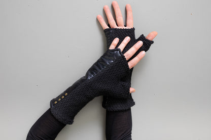 Wrist warmers - with shiny fabric and rivets - psy trance, cyberpunk - black