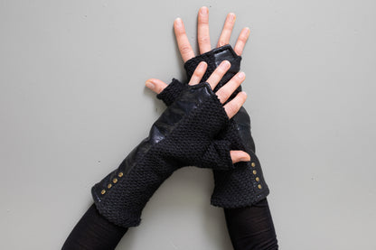 Wrist warmers - with shiny fabric and rivets - psy trance, cyberpunk - black