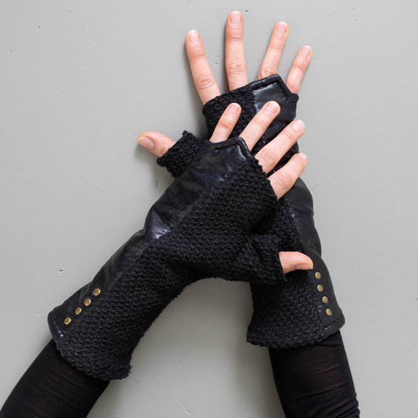 Wrist warmers - with shiny fabric and rivets - psy trance, cyberpunk - black