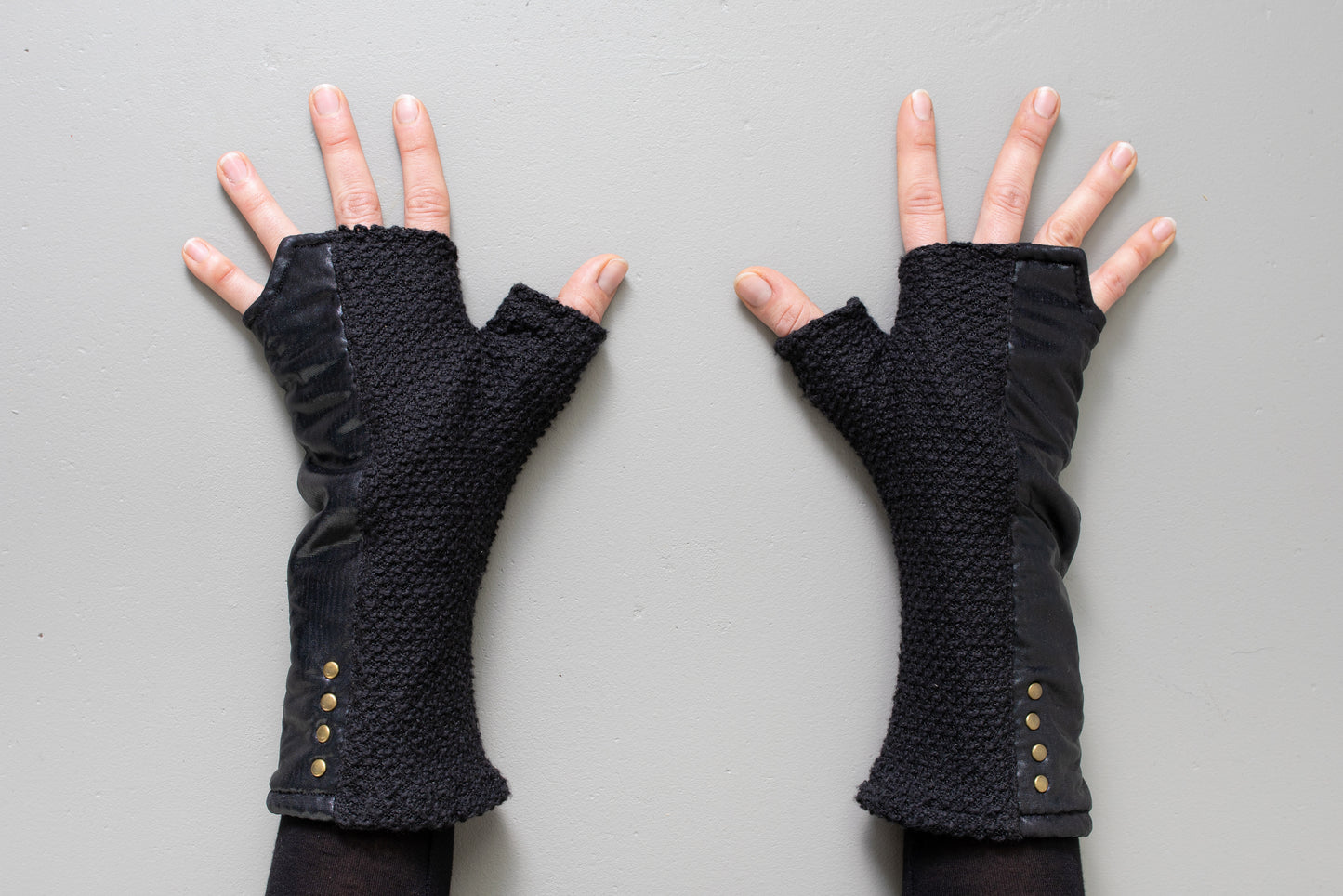 Wrist warmers - with shiny fabric and rivets - psy trance, cyberpunk - black