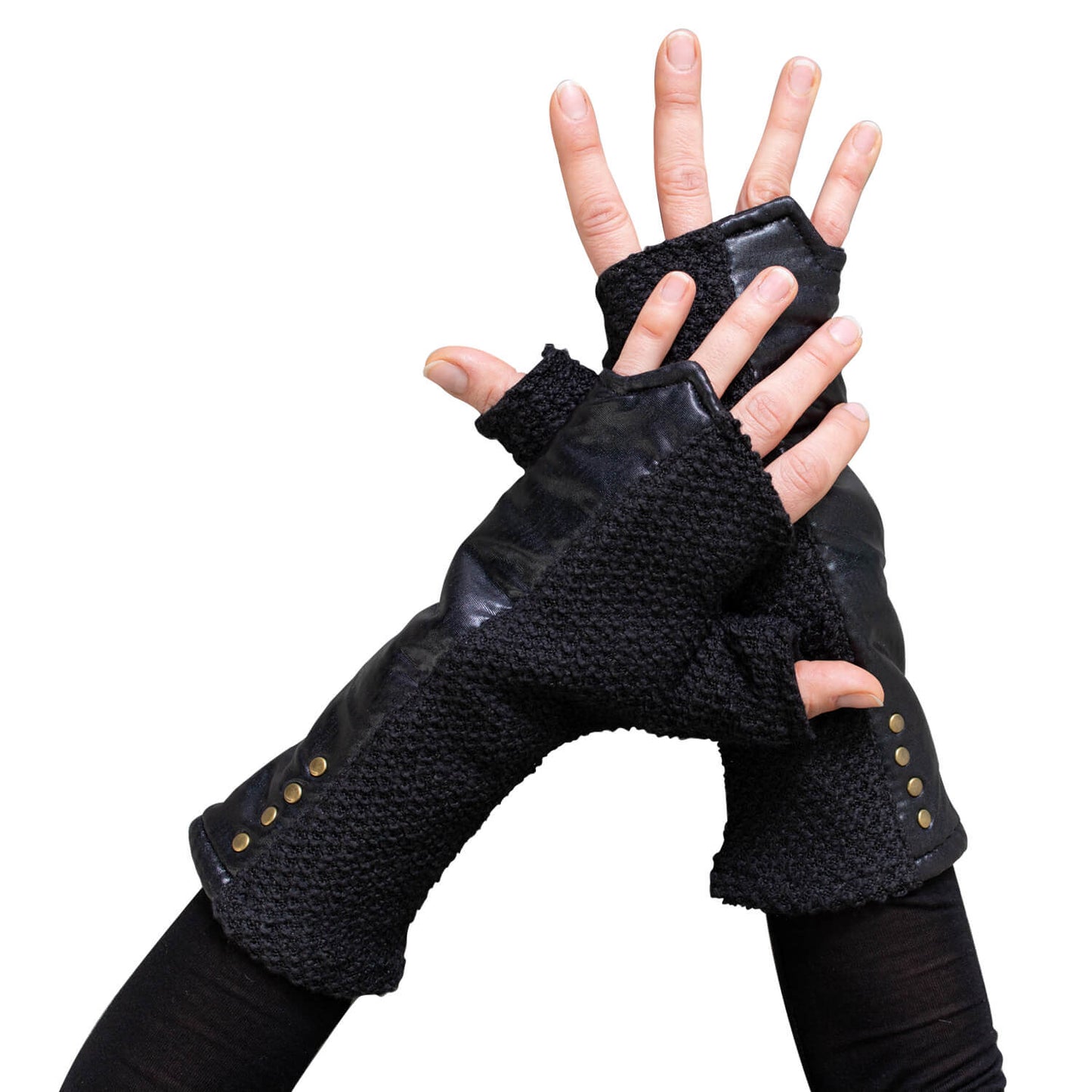 Wrist warmers - with shiny fabric and rivets - psy trance, cyberpunk - black