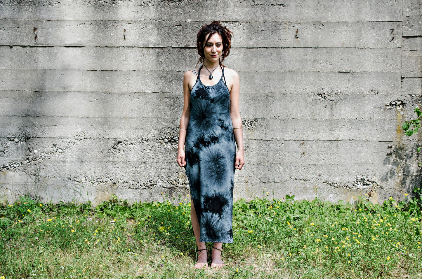 Long Dress, Maxi Dress with Racerback and Rivets - Batik, Tie-Dye - gray-black