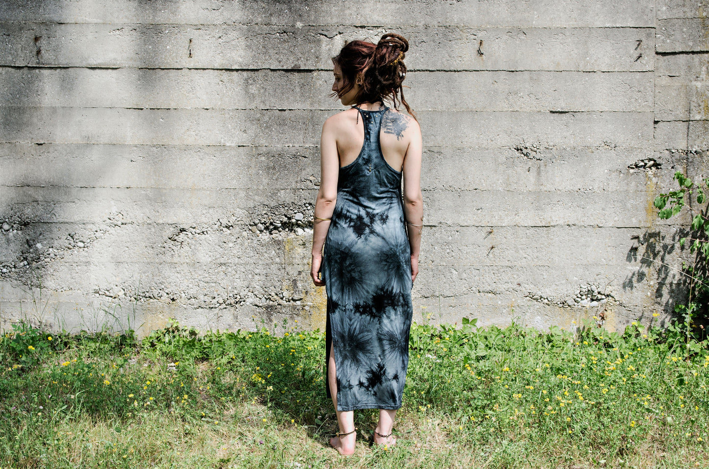 Long Dress, Maxi Dress with Racerback and Rivets - Batik, Tie-Dye - gray-black