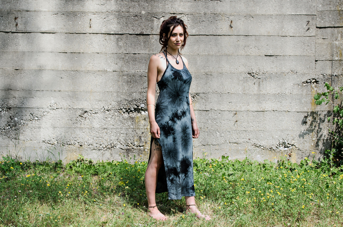 Long Dress, Maxi Dress with Racerback and Rivets - Batik, Tie-Dye - gray-black