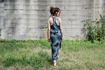 Long Dress, Maxi Dress with Racerback and Rivets - Batik, Tie-Dye - gray-black