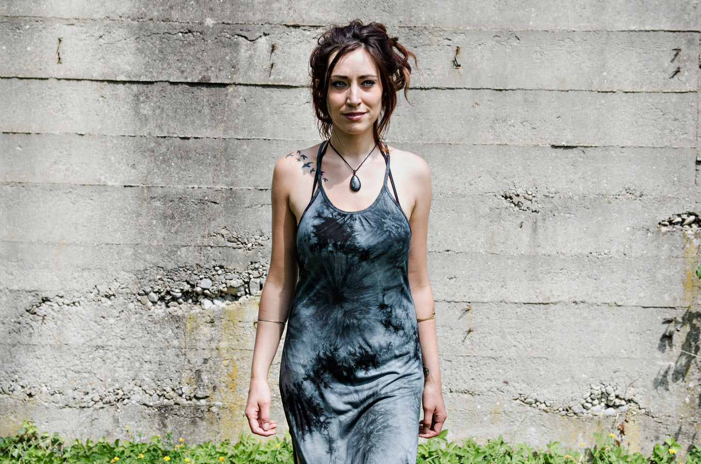 Long Dress, Maxi Dress with Racerback and Rivets - Batik, Tie-Dye - gray-black