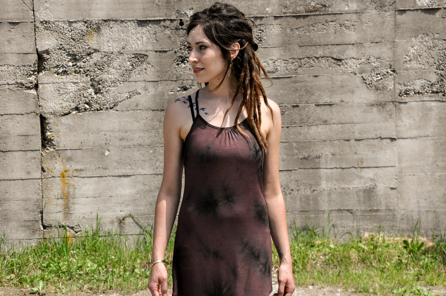 Long Dress, Maxi Dress with Racerback and Rivets - Batik, Tie-Dye - brown-black