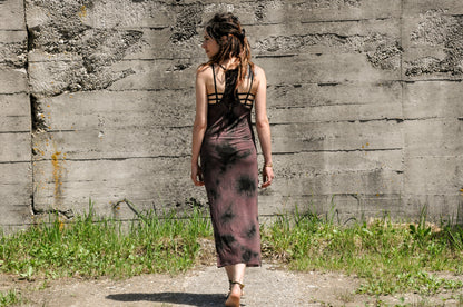 Long Dress, Maxi Dress with Racerback and Rivets - Batik, Tie-Dye - brown-black