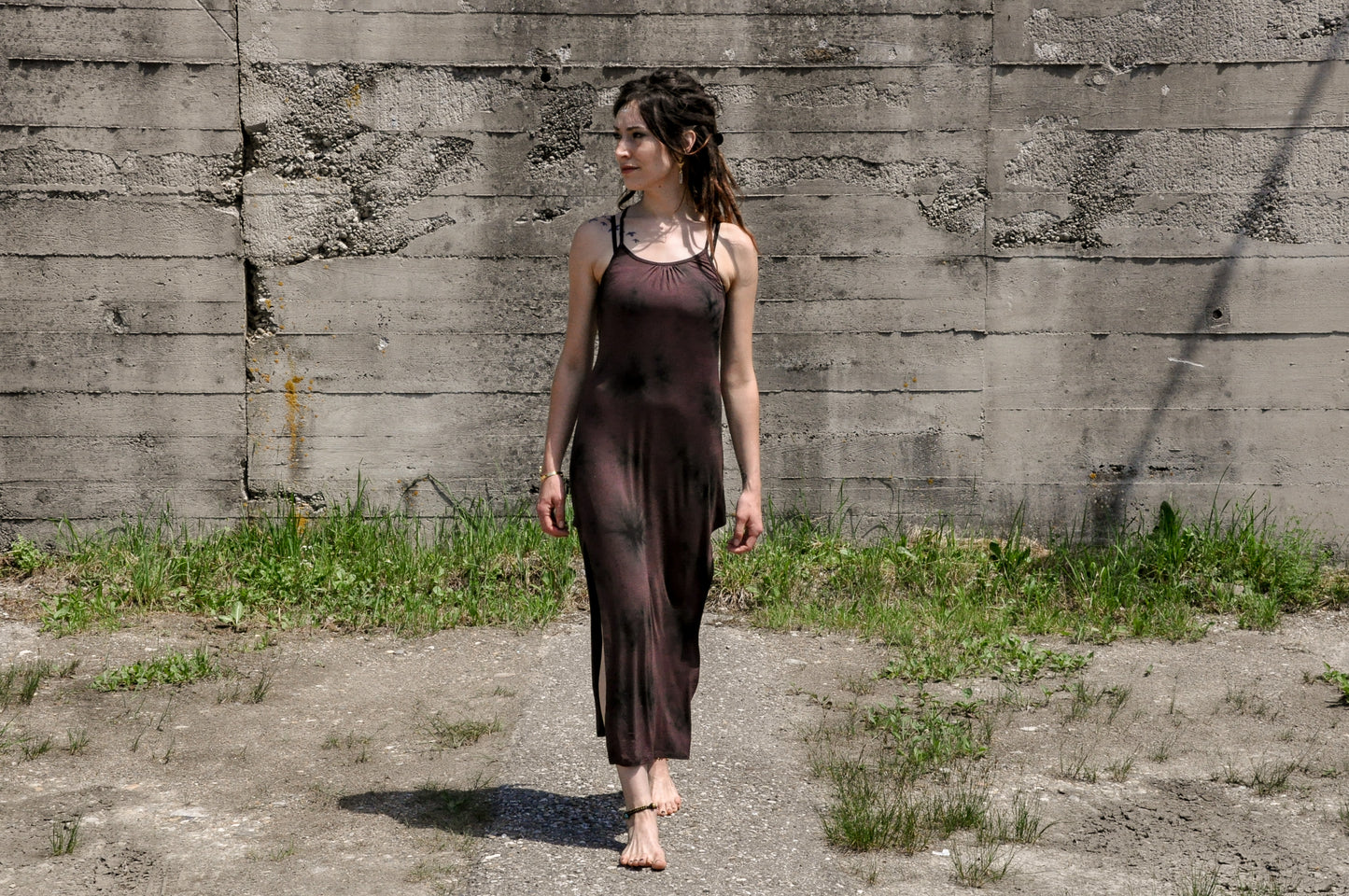 Long Dress, Maxi Dress with Racerback and Rivets - Batik, Tie-Dye - brown-black