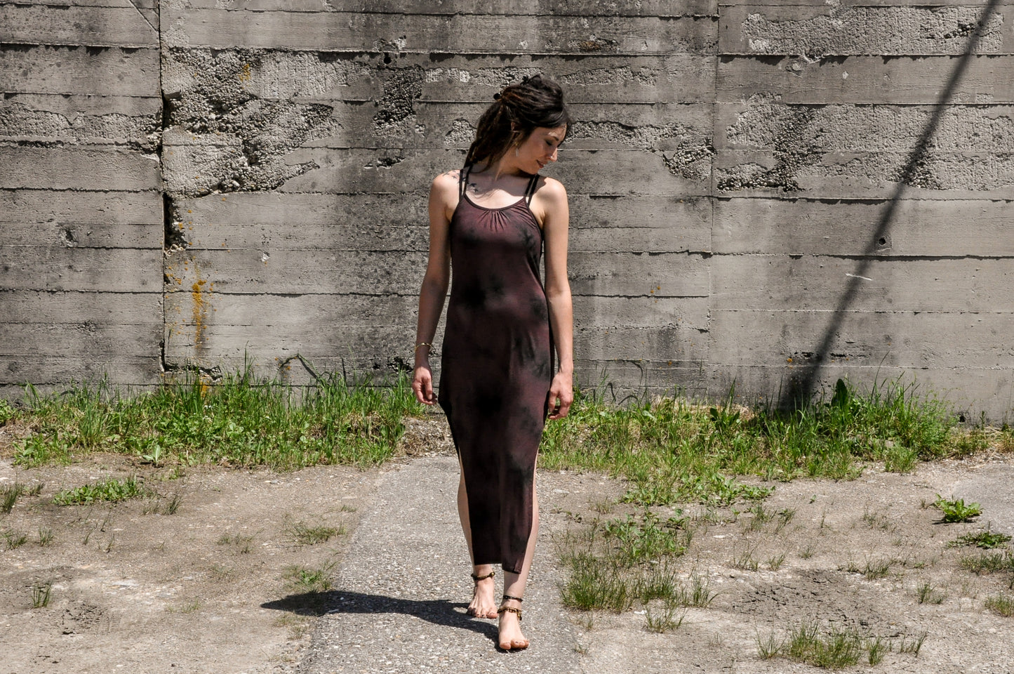 Long Dress, Maxi Dress with Racerback and Rivets - Batik, Tie-Dye - brown-black