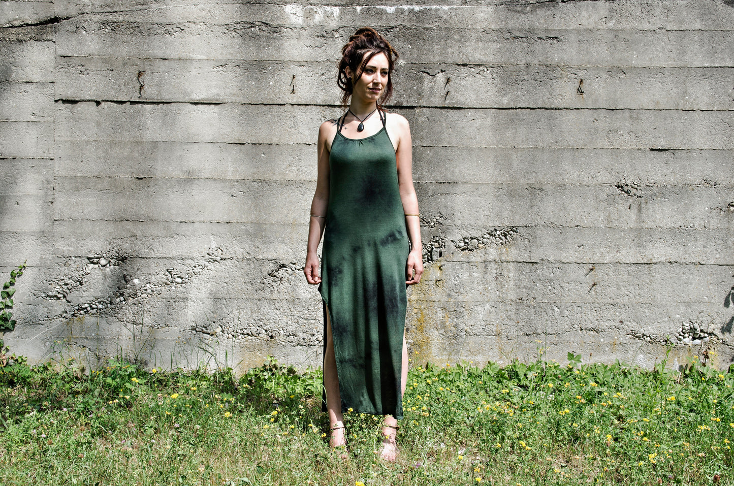 Long Dress, Maxi Dress with Racerback and Rivets - Batik, Tie-Dye - green-black