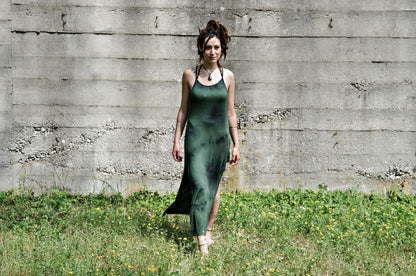 Long Dress, Maxi Dress with Racerback and Rivets - Batik, Tie-Dye - green-black