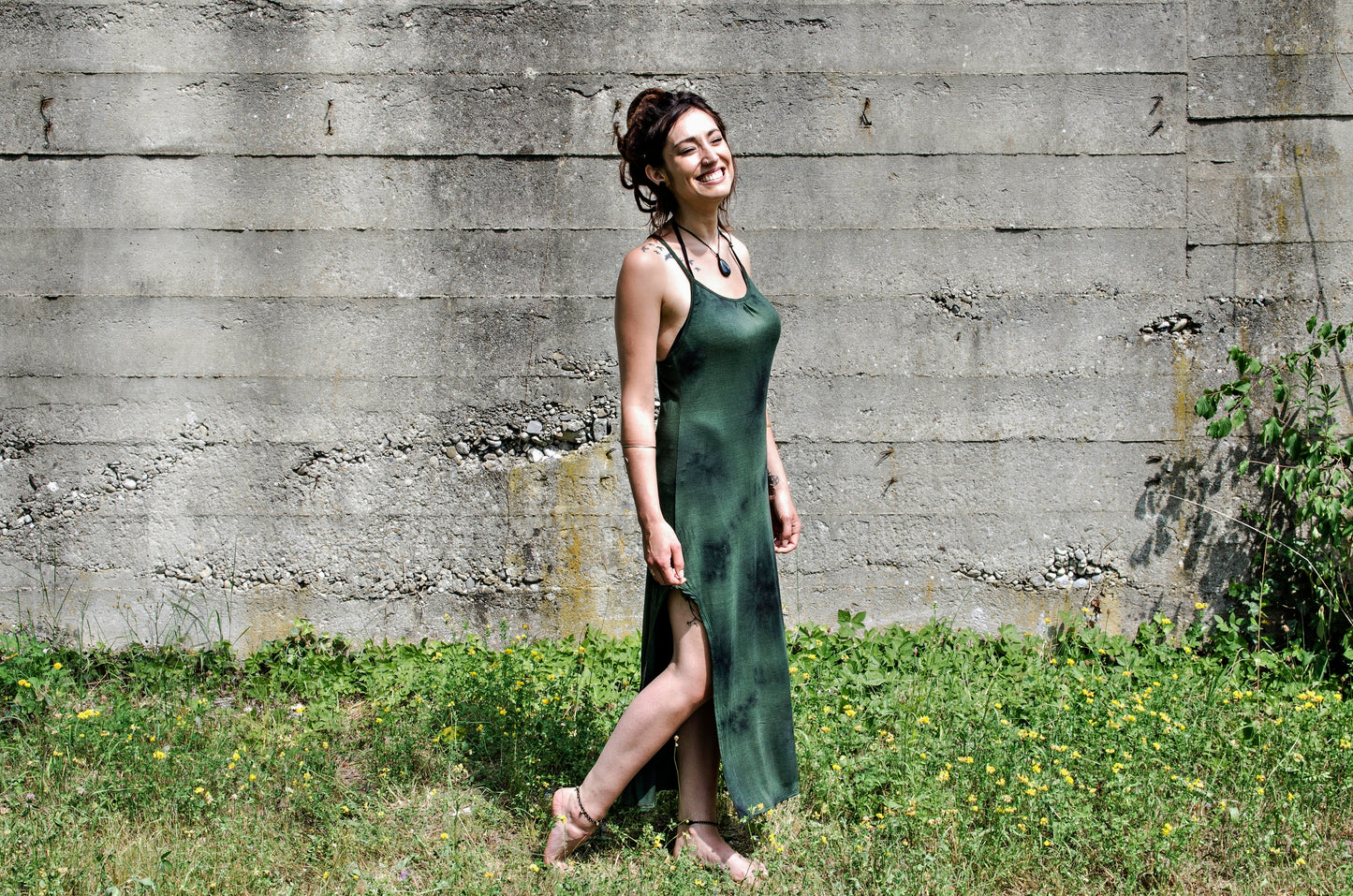 Long Dress, Maxi Dress with Racerback and Rivets - Batik, Tie-Dye - green-black