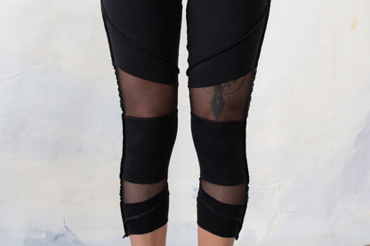 Three-quarter Leggings - with Mesh and Seams - black