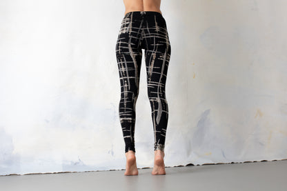 Leggings with Punky Scribble Pattern - Screen Printing, Tie-Dye - unisex - black-gray-beige