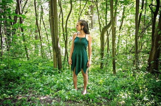 Elastic Cut-Out Dress with Defect - with Brass Beads and Bells - forest green