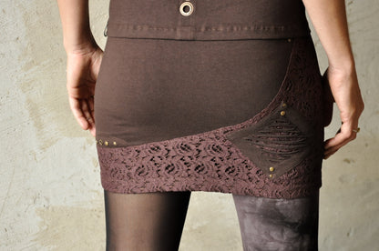 Elastic Mini Skirt - Stretch Skirt with Lace Elements and Rivets - brown