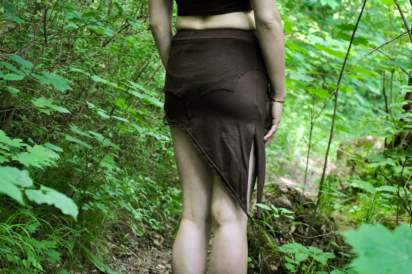 Asymmetrical Mini Skirt - with Net and Cut-Out Elements - brown 