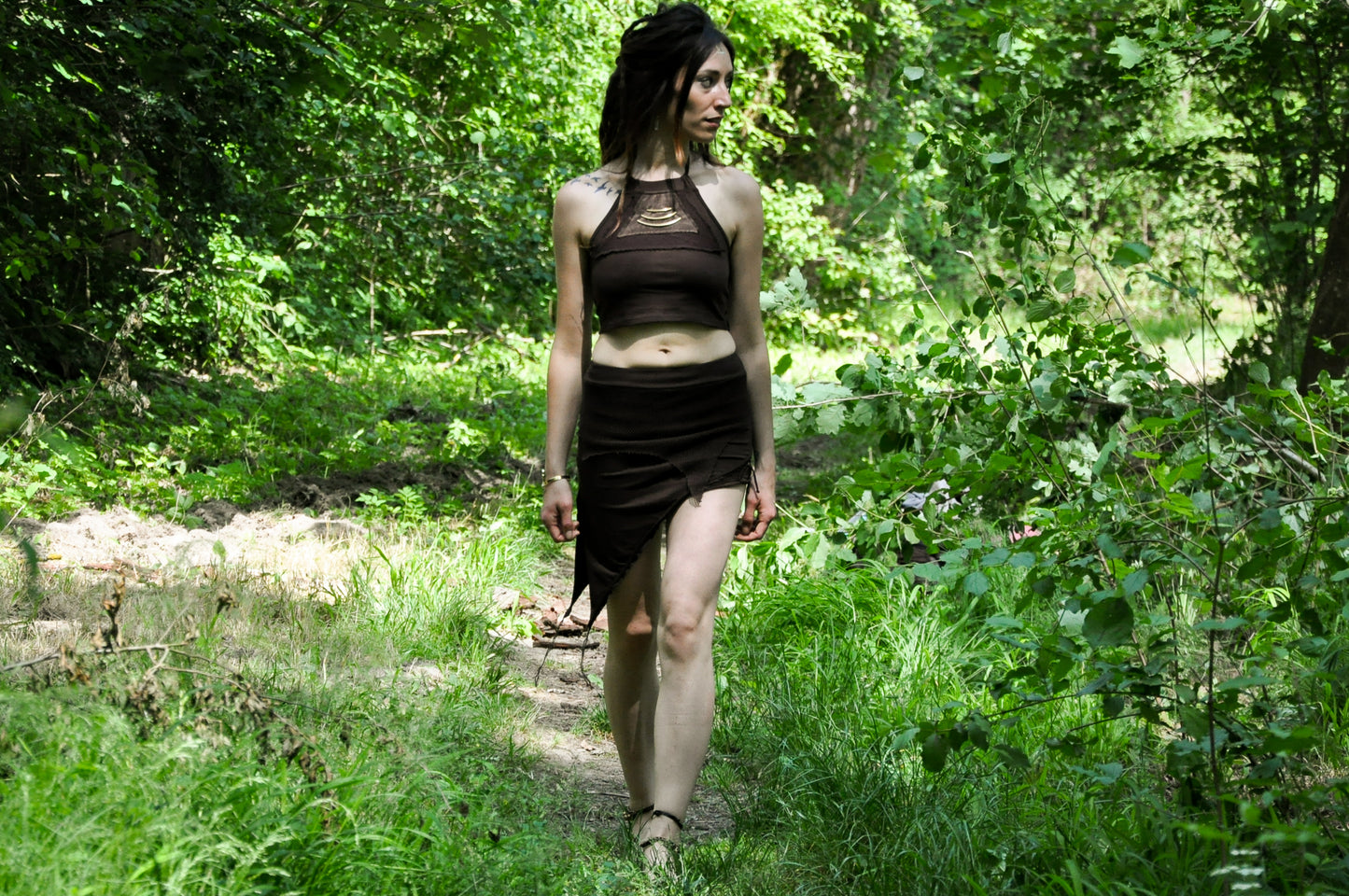 Asymmetrical Mini Skirt - with Net and Cut-Out Elements - brown 