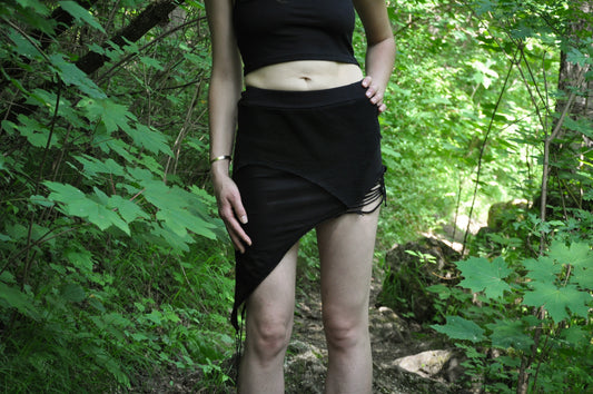 Asymmetrical Mini Skirt with defect - with Net and Cut-Out Elements - black 