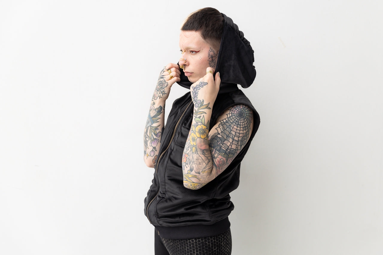 Velvet vest - with Decorative Stitching, Hood and Pockets - black 