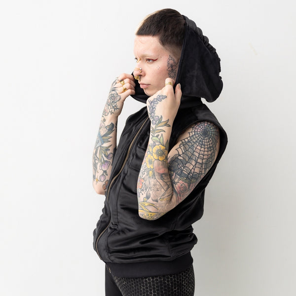 Velvet vest - with Decorative Stitching, Hood and Pockets - black 