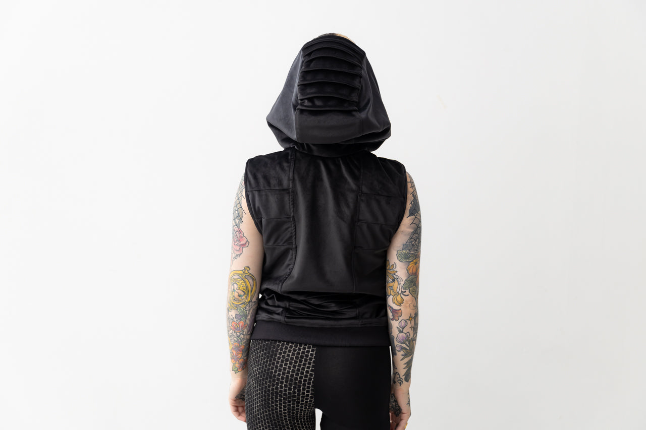 Velvet vest - with Decorative Stitching, Hood and Pockets - black 