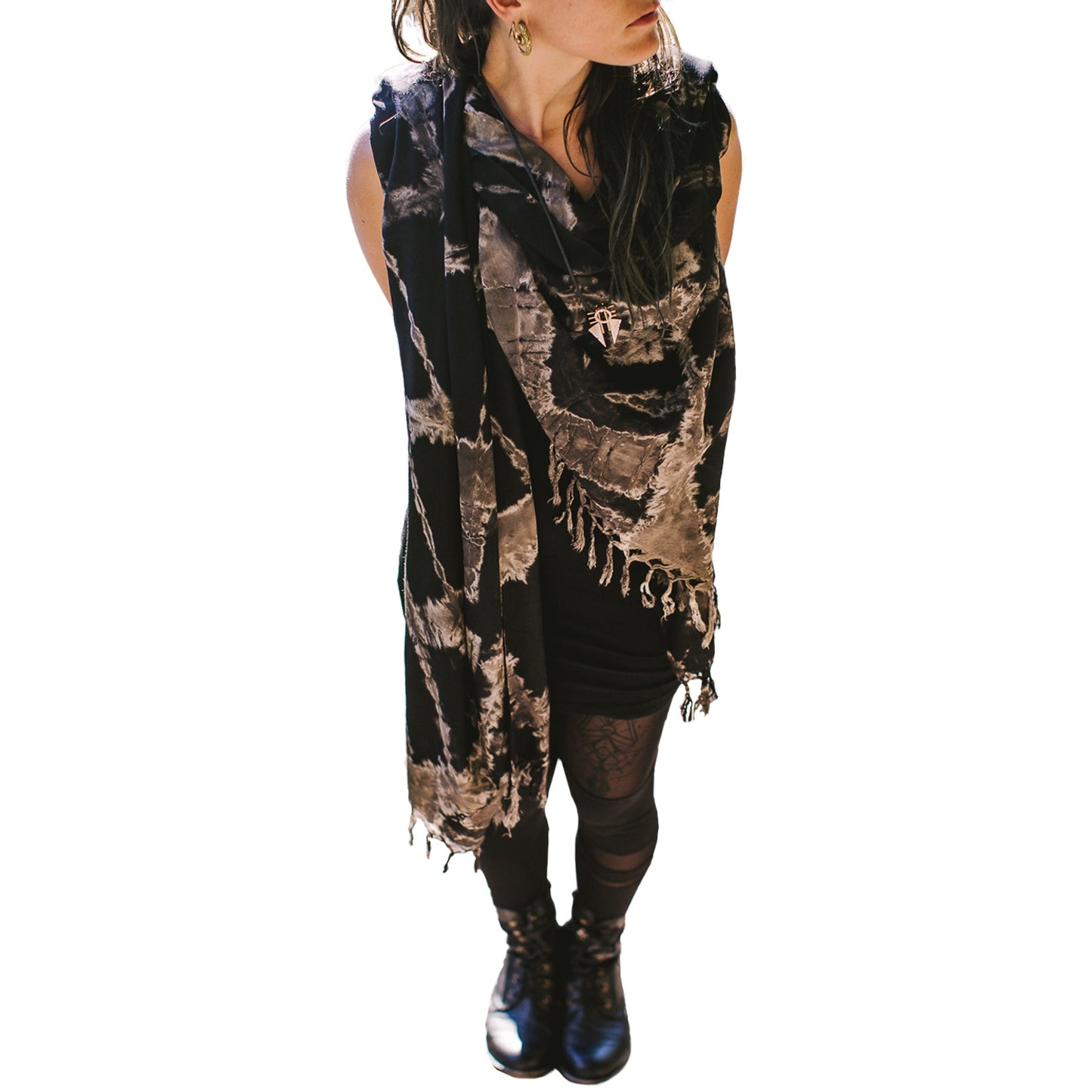 Sarong with Zig-Zag-pattern - Pareo, Scarf, Shawl with Fringes - Batik, Tie-Dye - black-beige-gray