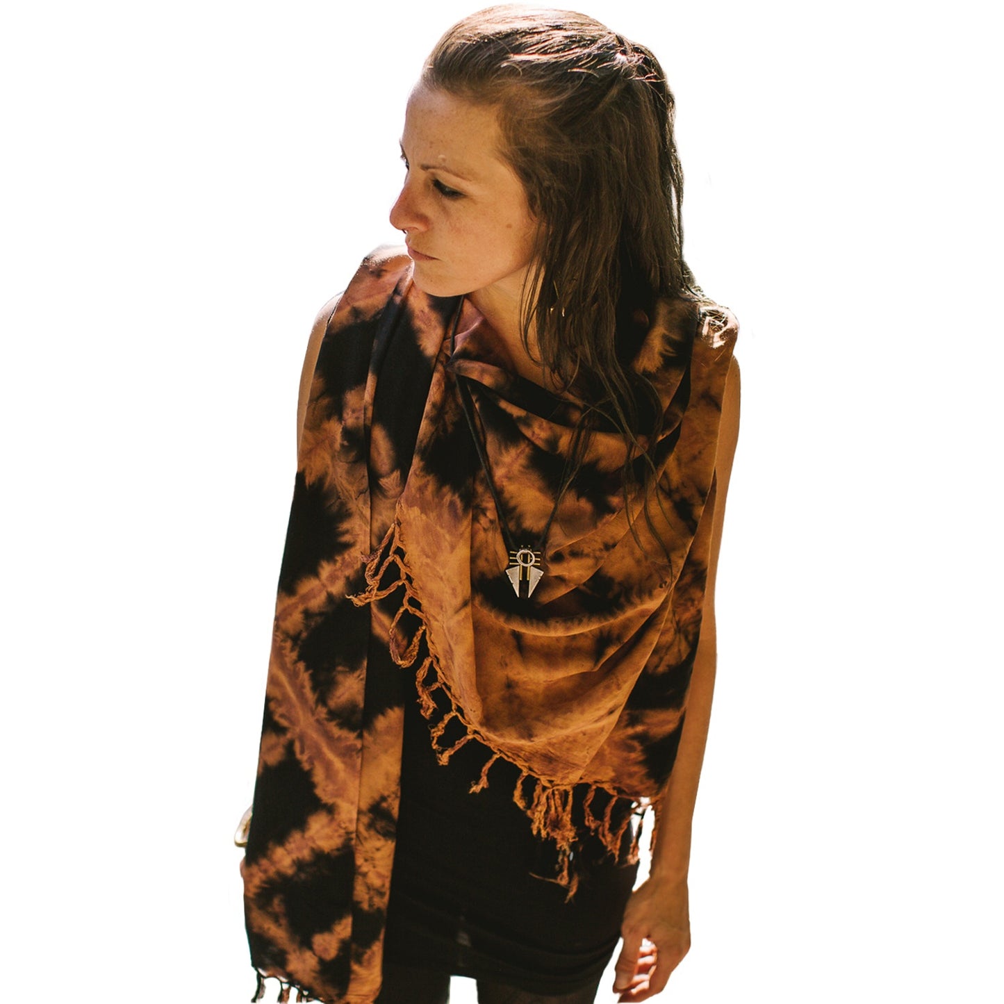 Sarong with Zig-Zag-pattern - Pareo, Scarf, Shawl with Fringe- Batik, Tie-Dye - black-orange-lilac