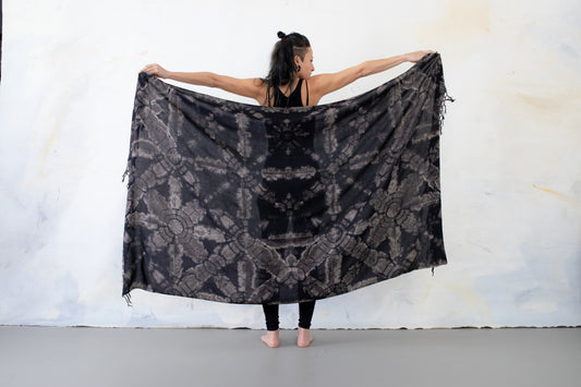 Sarong with abstract floral batik pattern - black-gray-beige