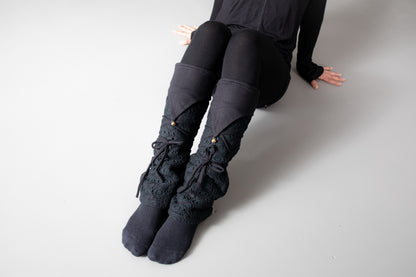 Warmly Lined Leg Warmers, Boot Cuffs - with Lacing and Brass Bells - black