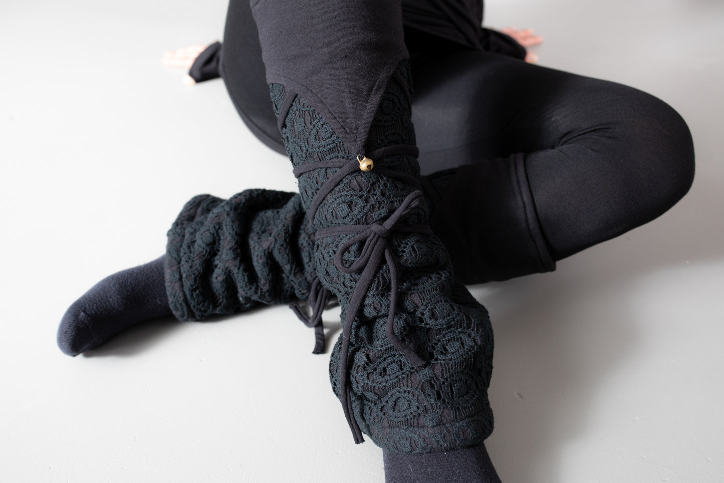 Warmly Lined Leg Warmers, Boot Cuffs - with Lacing and Brass Bells - black