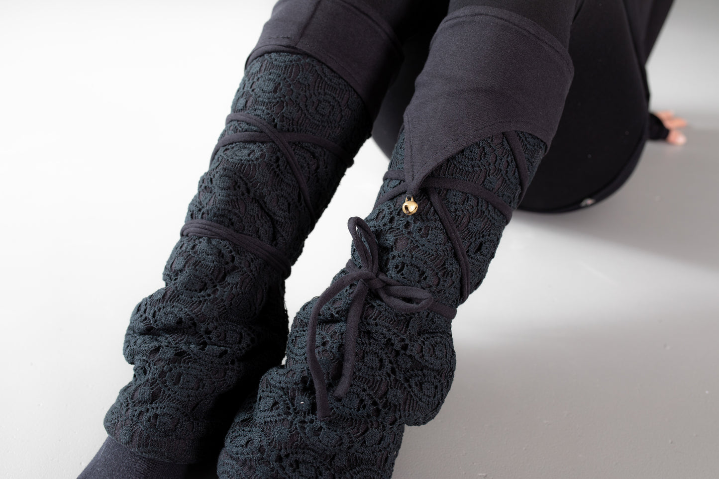 Warmly Lined Leg Warmers, Boot Cuffs - with Lacing and Brass Bells - black