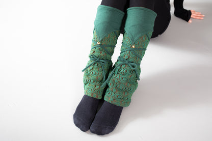 Warmly Lined Leg Warmers, Boot Cuffs - with Lacing and Brass Bells - mint green