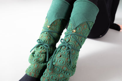 Warmly Lined Leg Warmers, Boot Cuffs - with Lacing and Brass Bells - mint green