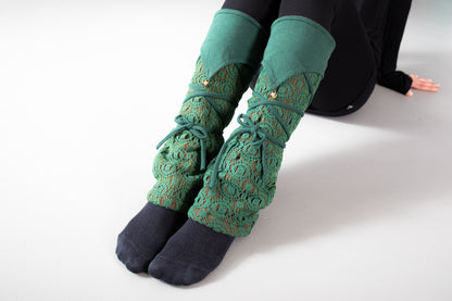 Warmly Lined Leg Warmers, Boot Cuffs - with Lacing and Brass Bells - mint green