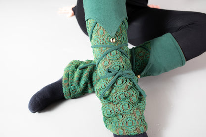 Warmly Lined Leg Warmers, Boot Cuffs - with Lacing and Brass Bells - mint green